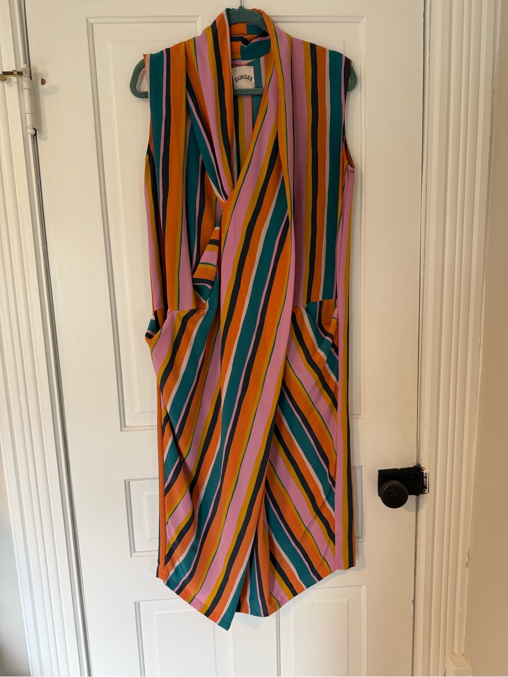 Sleeveless Asymmetrical Stripe Wrap Dress in Pink & Teal - Joules